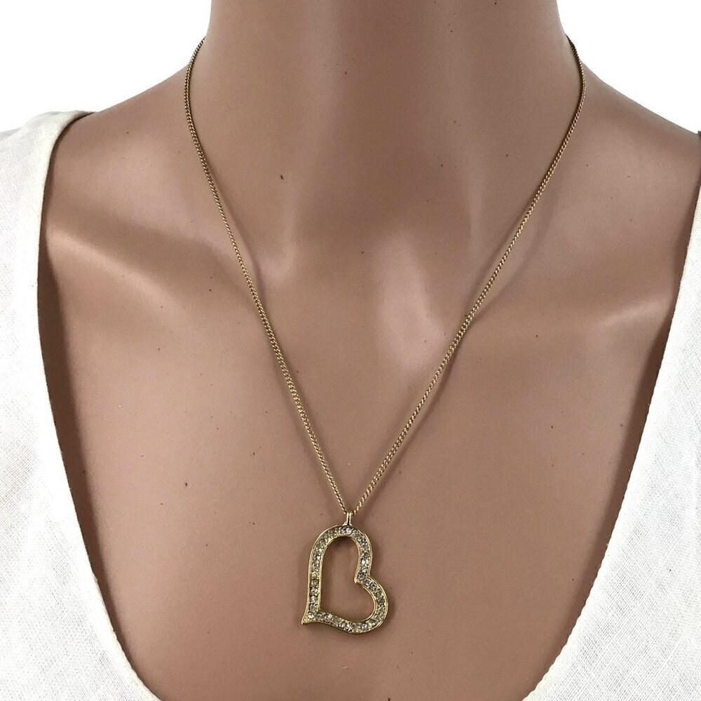Heart Pendant Necklace Gold Tone Rhinestone Inlay Adjustable Length - Picture 3 of 4